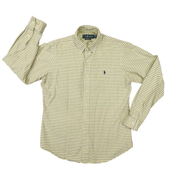 Ralph Lauren Vintage Custom Fit Yellow Navy Check Button Up Shirt size Medium - Picture 1 of 8